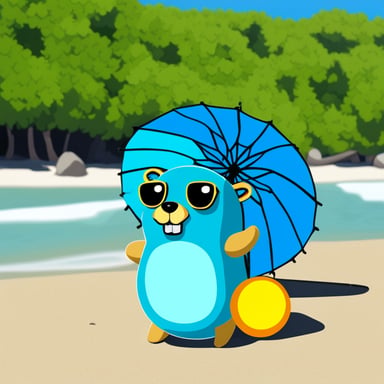 Go Blue Gopher lying on the sunny beach with a parasol and a colourful ball.