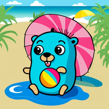 Go Blue Gopher lying on the beach with a parasol and a colorful ball.