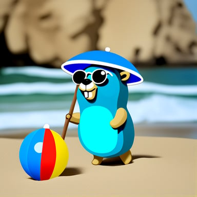 Go Blue Gopher lying on the beach with a parasol and a colorful ball.