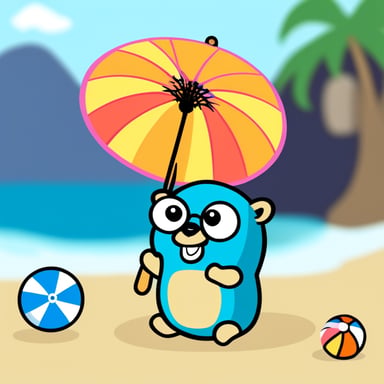 Go Blue Gopher lying on the beach with a parasol and a colorful ball.