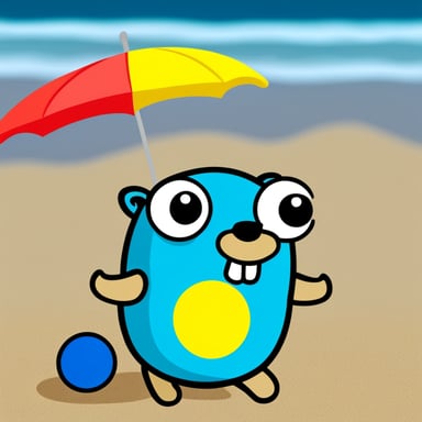 Go Blue Gopher lying on the beach with a parasol and a colorful ball.