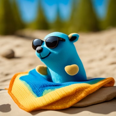 Go Blue Gopher sunbathing on a colourful towel while the sun is shining.