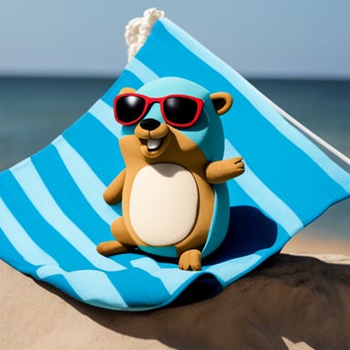 Go Blue Gopher sunbathing on a colourful towel while the sun is shining.