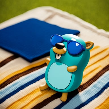 Go Blue Gopher sunbathing on a colourful towel while the sun is shining.