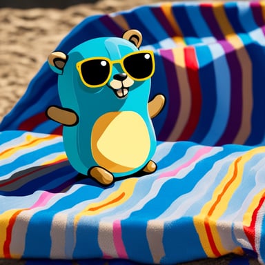 Go Blue Gopher sunbathing on a colourful towel while the sun is shining.
