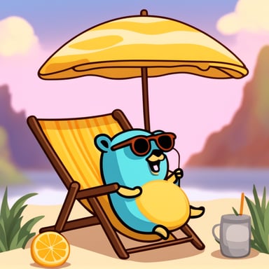 Go Blue Gopher sunbathing under a colourful parasol while having a drink.