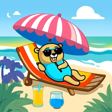 Go Blue Gopher sunbathing under a colourful parasol while having a drink.