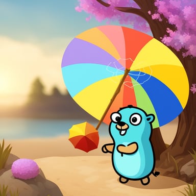Go Blue Gopher sunbathing under a colourful parasol while having a drink.