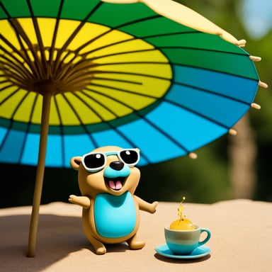 Go Blue Gopher sunbathing under a colourful parasol while having a drink.