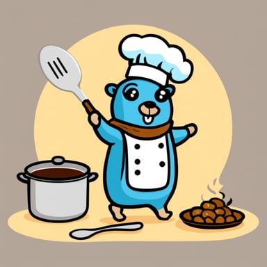 Go Blue Gopher with a chef's hat, a large spoon, and a cooker.