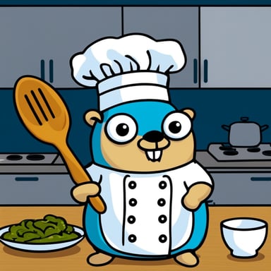 Go Blue Gopher with a chef's hat and a large spoon preparing a meal in the kitchen.