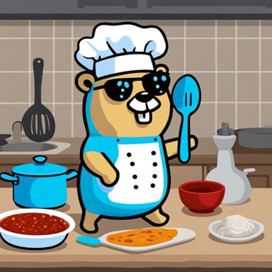 Go Blue Gopher with a chef's hat and a large spoon preparing a meal in the kitchen.