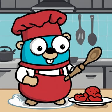 Go Blue Gopher with a chef's hat and a large spoon preparing a meal in the kitchen.