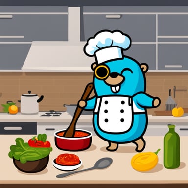 Go Blue Gopher with a chef's hat and a large spoon preparing a meal in the kitchen.
