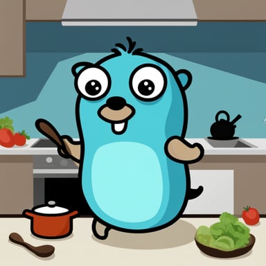 Go blue gopher in the kitchen with pot.