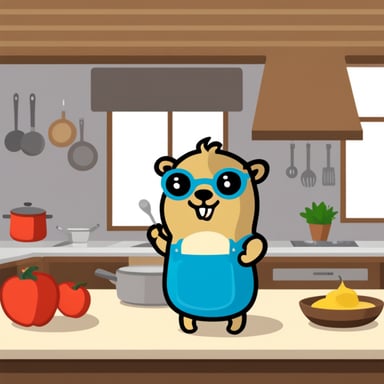 Go blue gopher in the kitchen with pot.