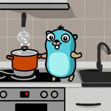 Go blue gopher in the kitchen with pot.