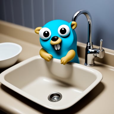 Go Blue Gopher washing the dishes in the sink.