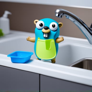Go Blue Gopher washing the dishes in the sink.