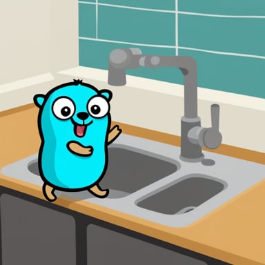 Go Blue Gopher washing the dishes in the sink.