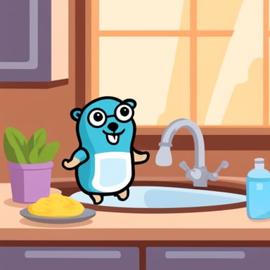 Go Blue Gopher washing the dishes in the sink.