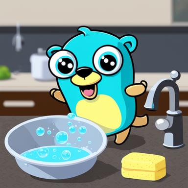 Go Blue Gopher washing dishes with a sponge and bubbles of soap.