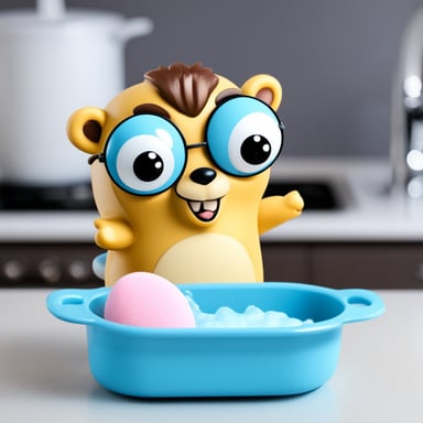 Go Blue Gopher washing dishes with a sponge and bubbles of soap.