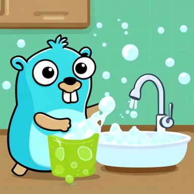 Go Blue Gopher washing dishes with a sponge and bubbles of soap.