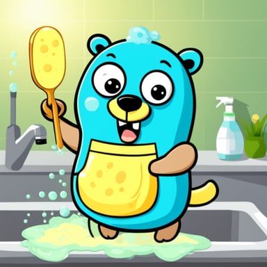 Go Blue Gopher washing dishes with a sponge and bubbles of soap.